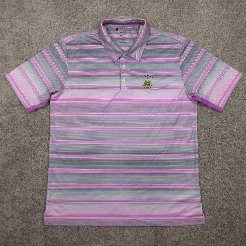 Adidas Polo Shirt Mens Medium Purple Striped US Open Merion 2013 Climacool Logo